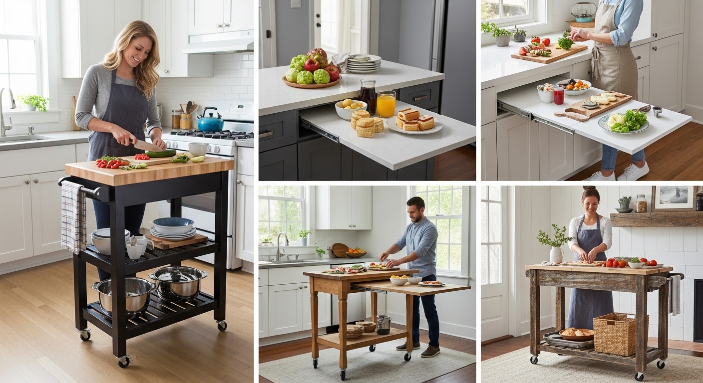 Обзор мобильных кухонных островов и выдвижных столов для дома