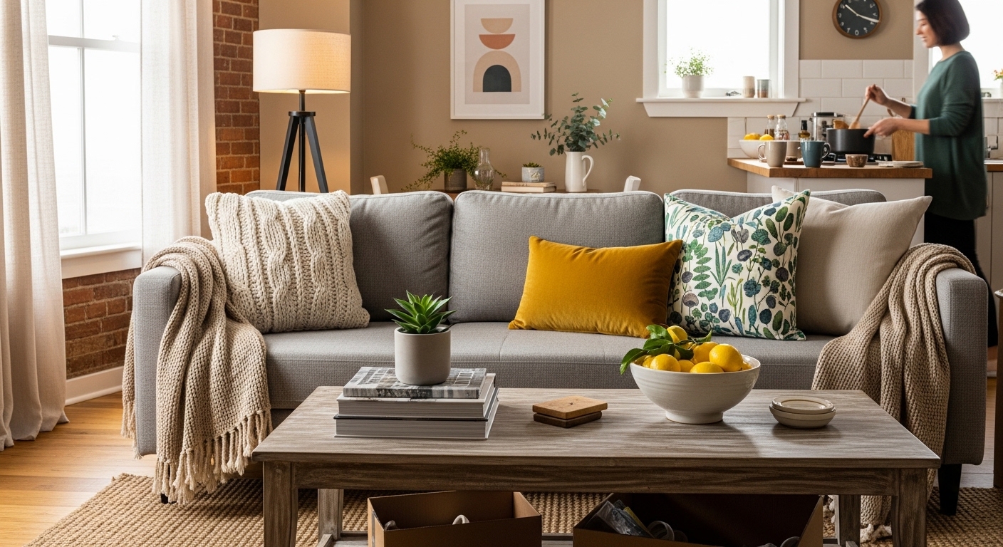 Обновление мебели в гостиной с помощью декора и текстиля